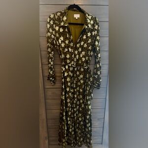 Ciebon leopard print and metallic stars button down dress with tie.
